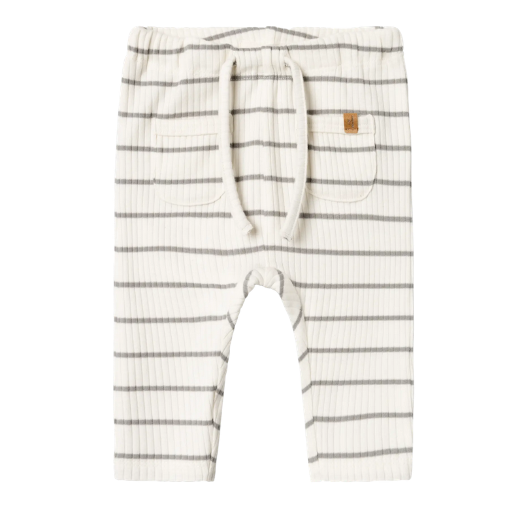 Beige gestreifte Babyhose aus weichem Rippstoff mit elastischem Bund und Kordelzug, bequem und alltagstauglich