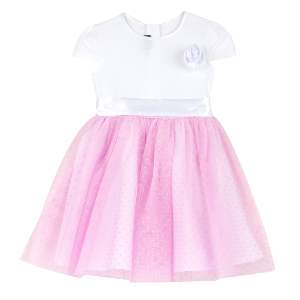 Chicco Babykleid in Weiß mit rosa Tüllrock, kurzen Ärmeln, Zierblume und Satinband – festlich und elegant für besondere Anlässe