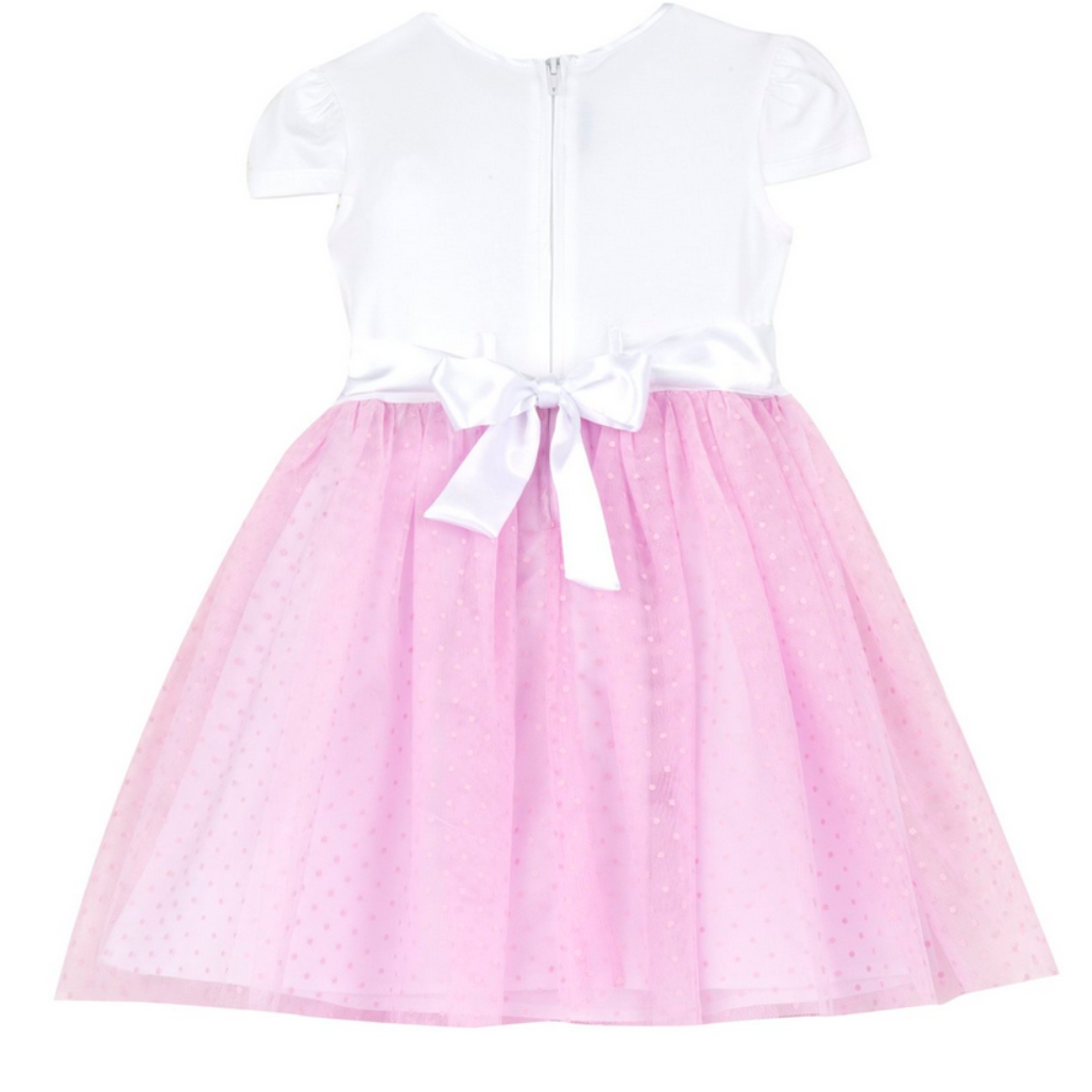 Chicco Babykleid in Weiß mit rosa Tüllrock, kurzen Ärmeln, Zierblume und Satinband – festlich und elegant für besondere Anlässe