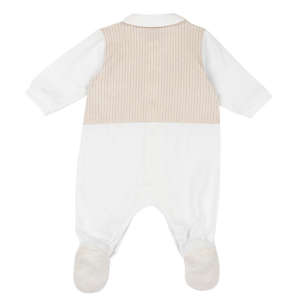 Chicco Babystrampler in Weiß mit angenähter Weste in Beige, Fliege und Knopfleiste, elegant und festlich für Babys