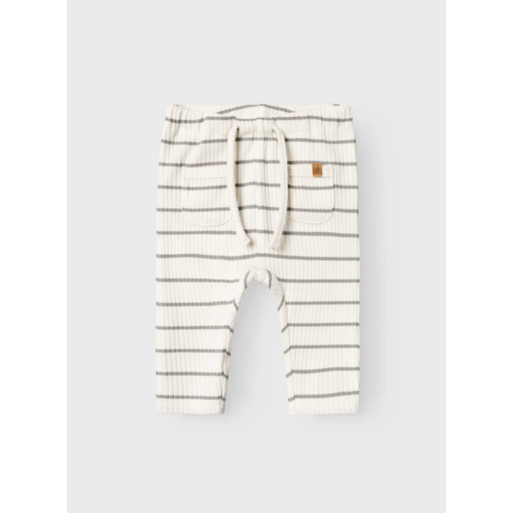 Beige gestreifte Babyhose aus weichem Rippstoff mit elastischem Bund und Kordelzug, bequem und alltagstauglich