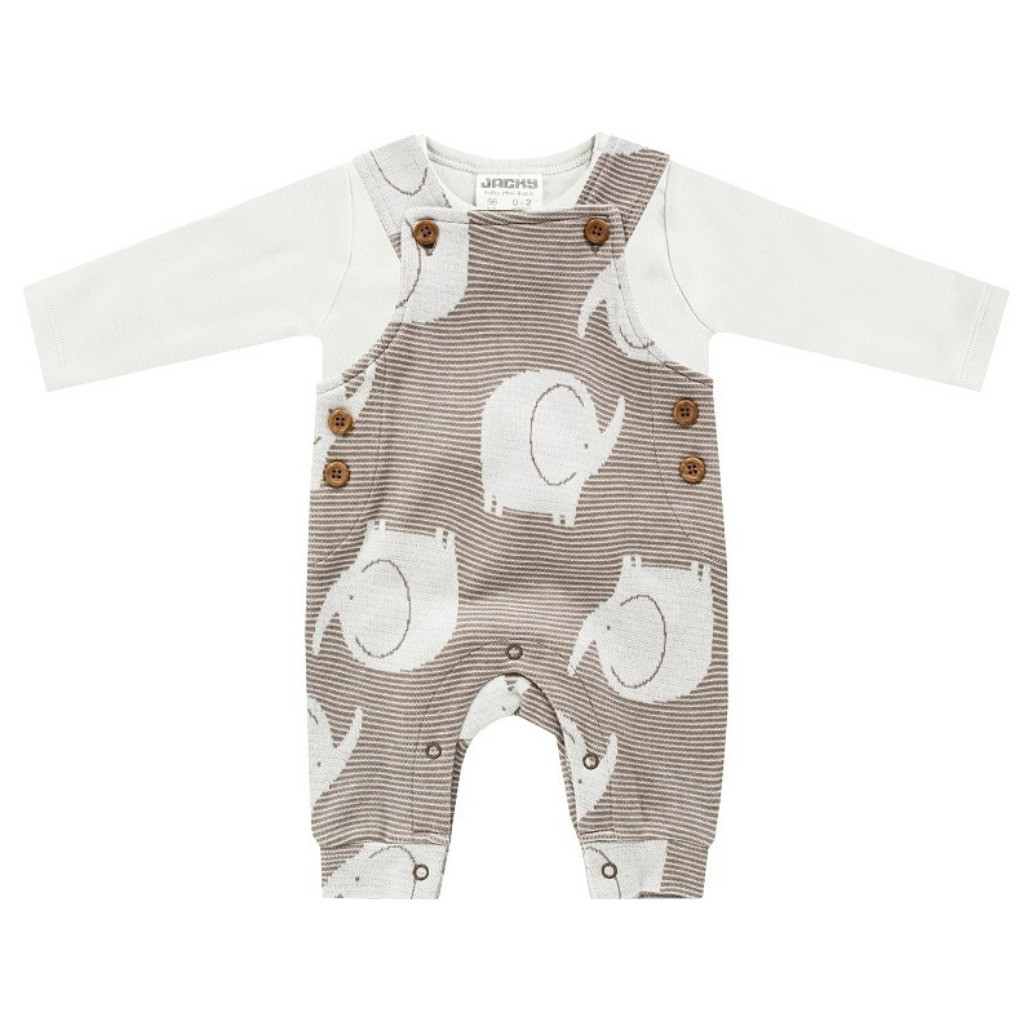 Baby Strampler Set Jacky beige mit Elefanten Muster und Langarm Shirt aus weichem Stoff