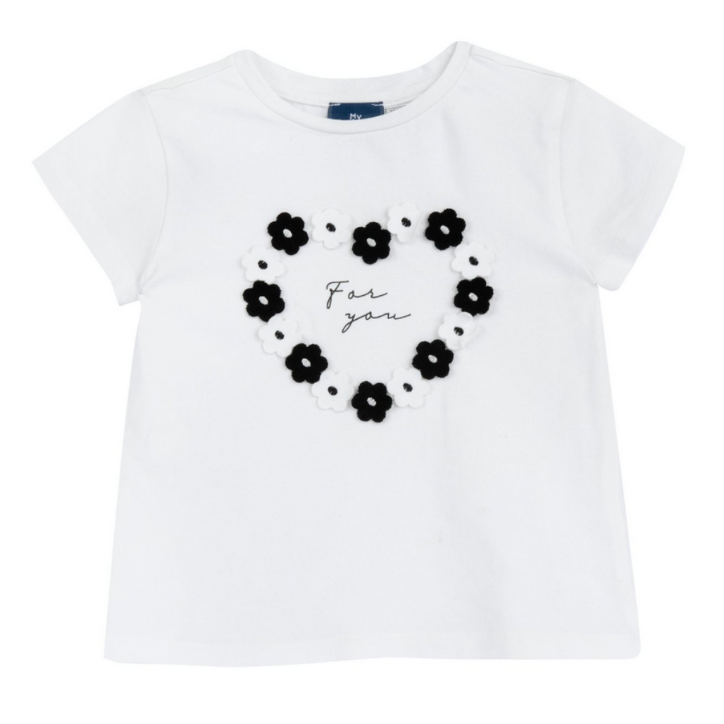 Chicco Kinder T-Shirt in Weiß mit Herz aus schwarzen und weißen Blumen und Schriftzug, weich und bequem für den Alltag