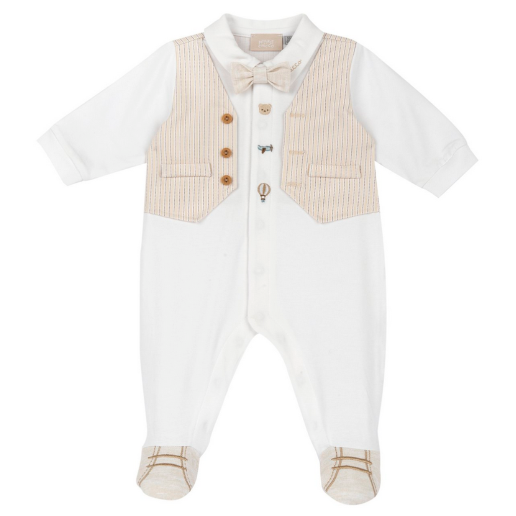 Chicco Babystrampler in Weiß mit angenähter Weste in Beige, Fliege und Knopfleiste, elegant und festlich für Babys