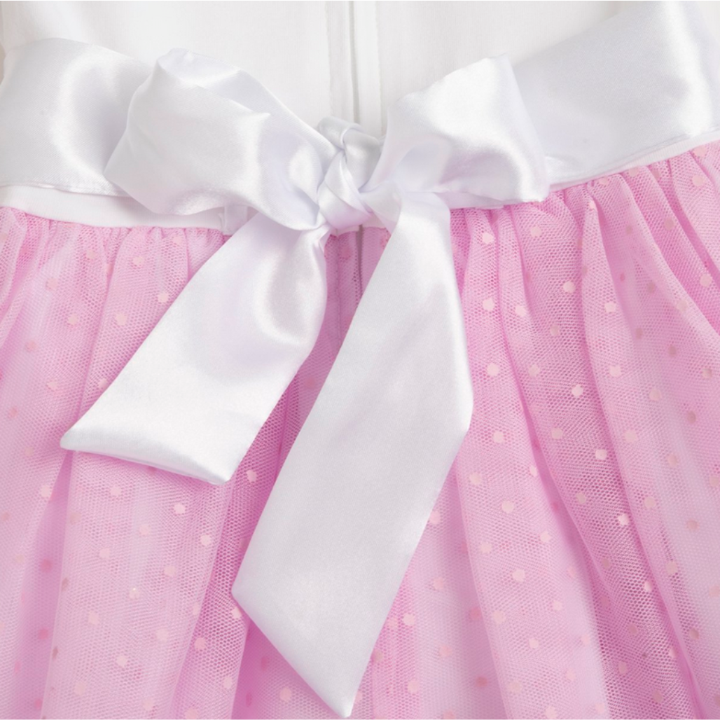 Chicco Babykleid in Weiß mit rosa Tüllrock, kurzen Ärmeln, Zierblume und Satinband – festlich und elegant für besondere Anlässe