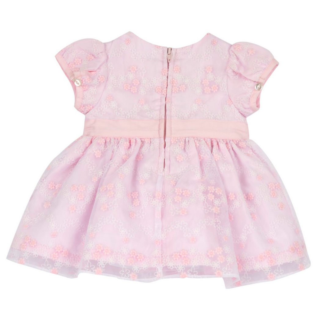 Chicco Babykleid in Rosa mit floralem Muster, kurzen Ärmeln und großer Schleife in der Taille, festlich und elegant für Babys