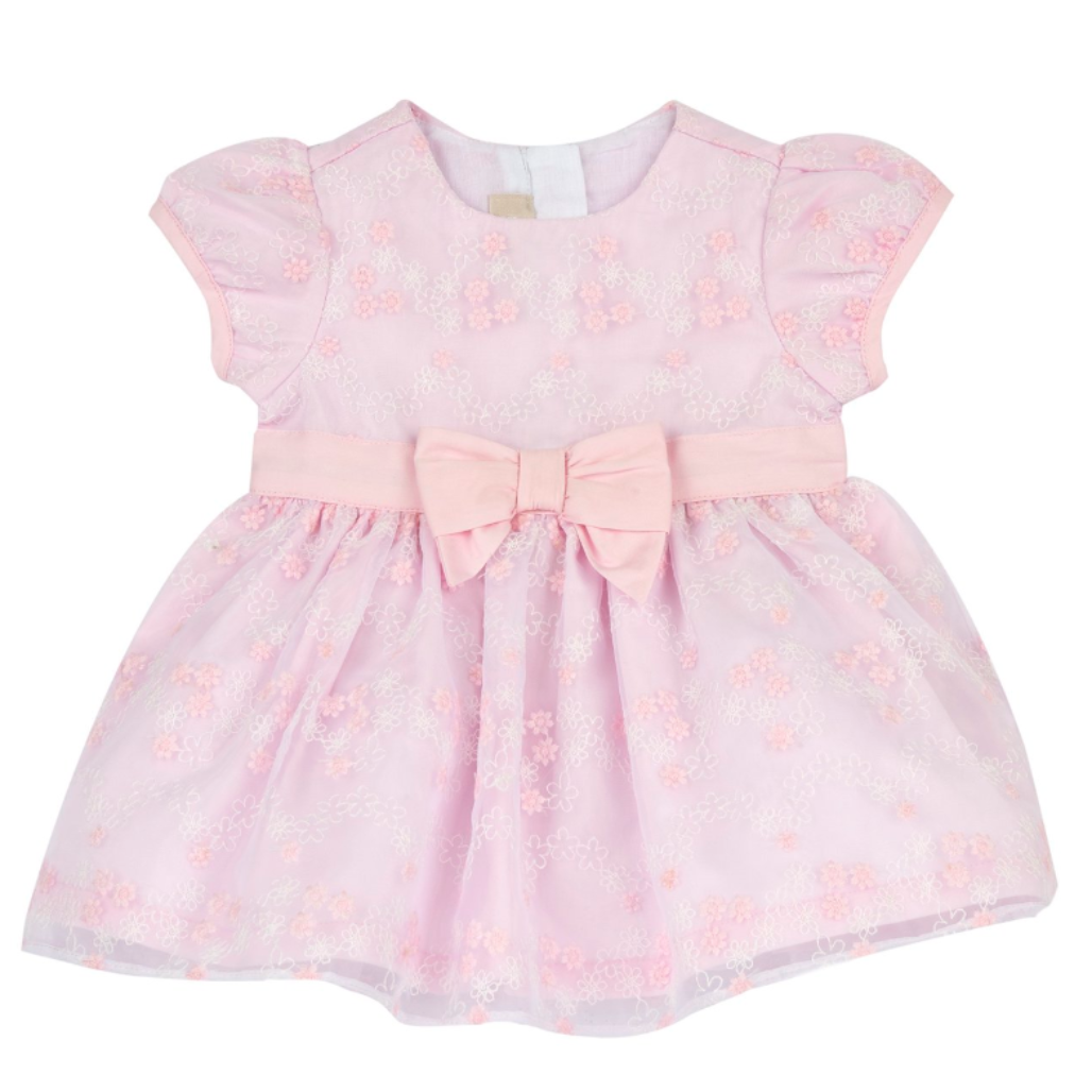 Chicco Babykleid in Rosa mit floralem Muster, kurzen Ärmeln und großer Schleife in der Taille, festlich und elegant für Babys