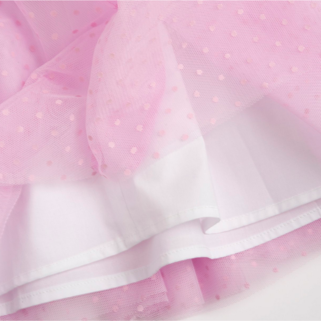 Chicco Babykleid in Weiß mit rosa Tüllrock, kurzen Ärmeln, Zierblume und Satinband – festlich und elegant für besondere Anlässe